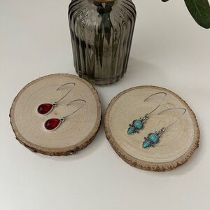 Red Teardrop Dangle Earrings: Silver Pendant, Western Chic Blue Earrings